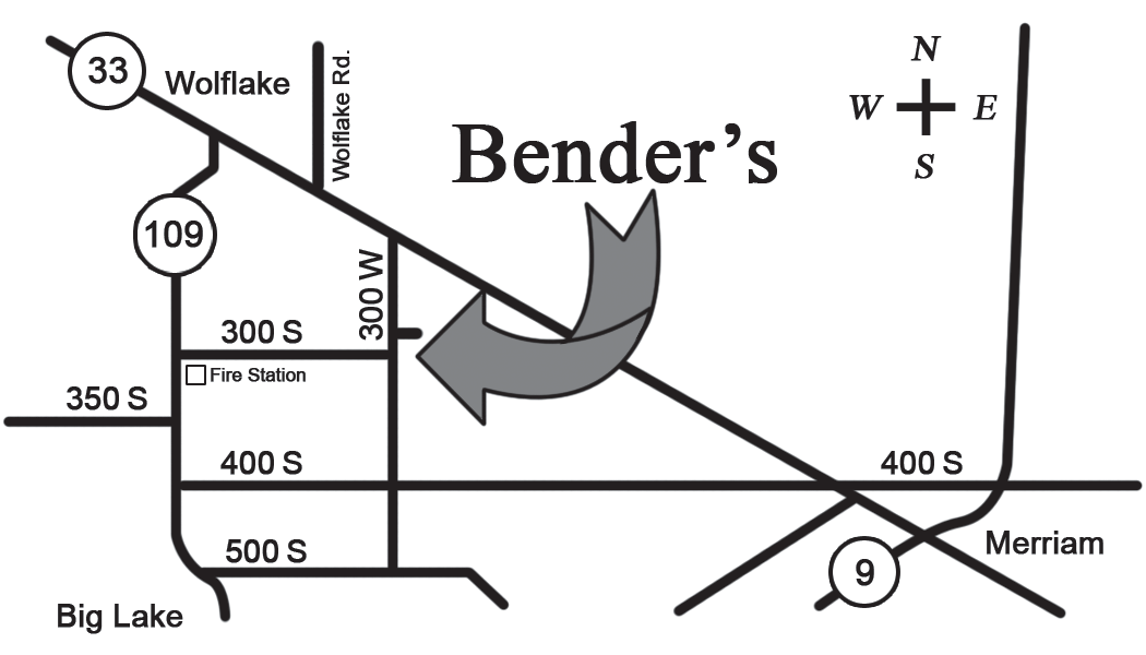 Map showing directions to Bender's Orchard in Wolf Lake, IN